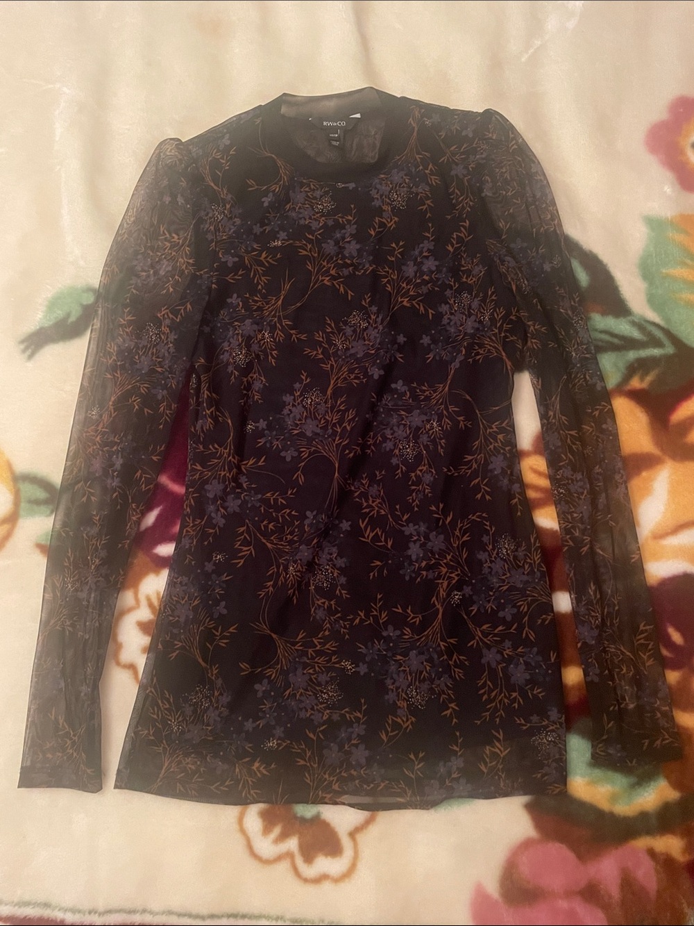 RW & Co. Black and Brown Floral Mesh Long Sleeve Dress Size XS/TP